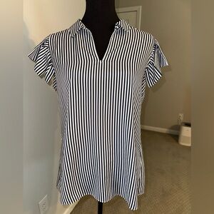 Banana Republic White and Blue Flutter Sleeve Polo Blouse